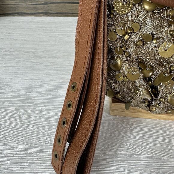 Anthropologie Lucky Penny Beaded Bag Gold Sequin Wristlet Clutch Coin Mini - Picture 3 of 10